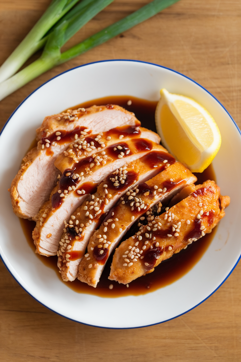 Indoor plate featuring sliced air-fried chicken breast glazed in soy sauce and sprinkled with toasted sesame seeds, photographed overhead. No text or logos.