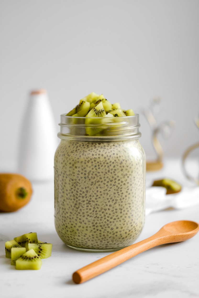 Indoor mason jar photo of thick chia pudding topped with bright green kiwi cubes and a spoon resting beside, no text or logos.