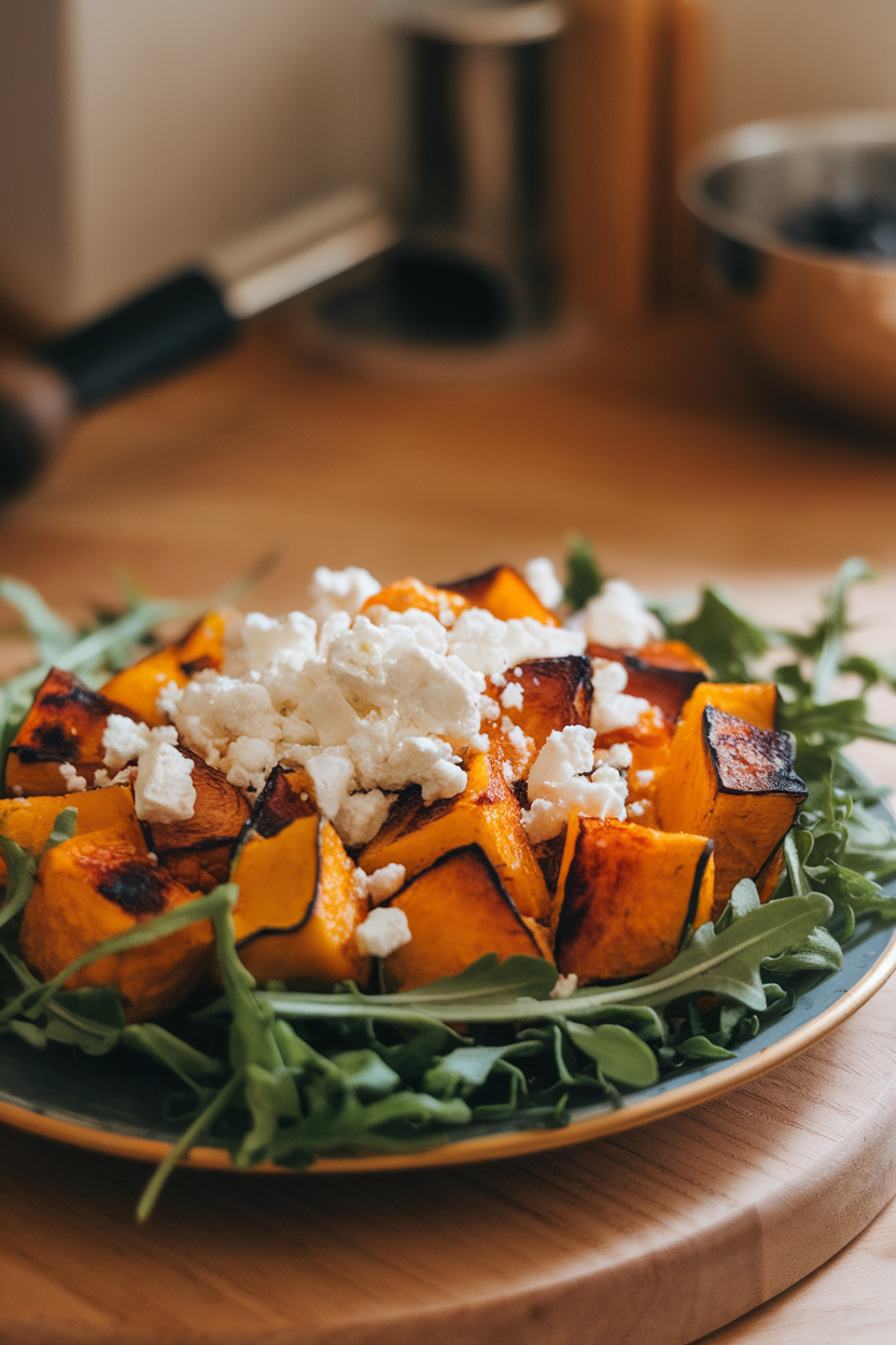 A warm indoor countertop with a shallow platter of roasted pumpkin cubes, crumbled feta, and arugula leaves. No text or logos; photo only.