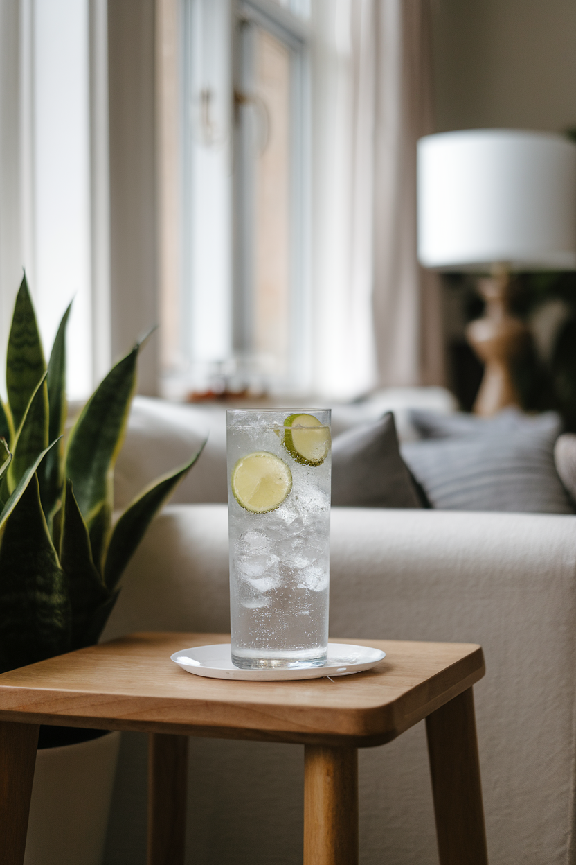 A tall glass of sparkling water with lime wheels and ice on a living-room side table indoors; no text or logos; photo