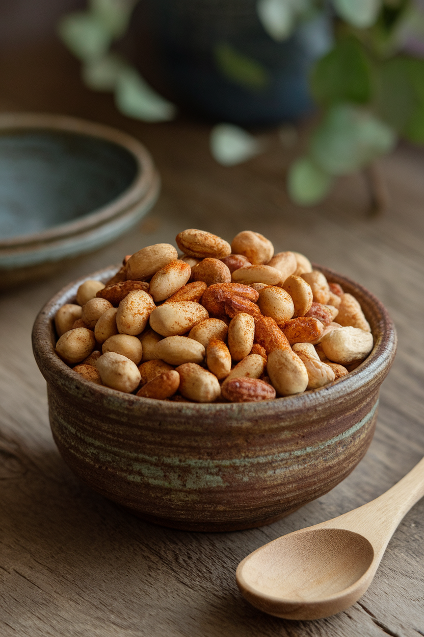 Photo of a rustic ceramic bowl indoors filled with mixed roasted nuts dusted in cinnamon and cayenne, with a wooden spoon resting nearby. No text or logos visible.