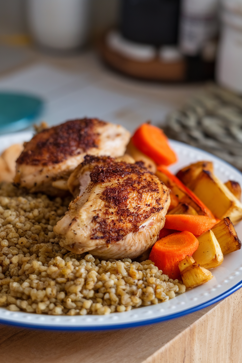 Indoor photo of Moroccan spiced chicken pieces, freekeh grain, and roasted root vegetables (carrots, parsnips) on a plate. No text or logos.