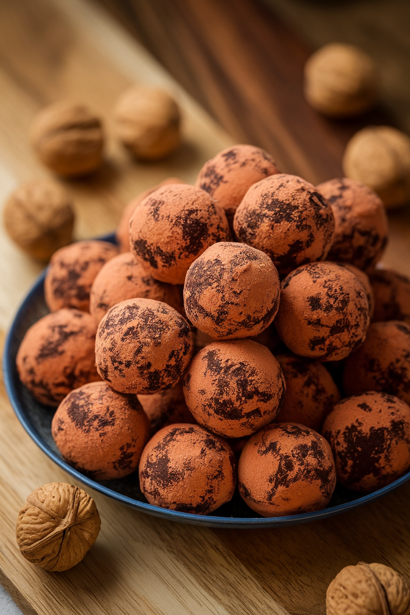 Indoor platter of cocoa-dusted rum balls arranged neatly with a few whole walnuts for decoration; no logos. Photo, not illustration.