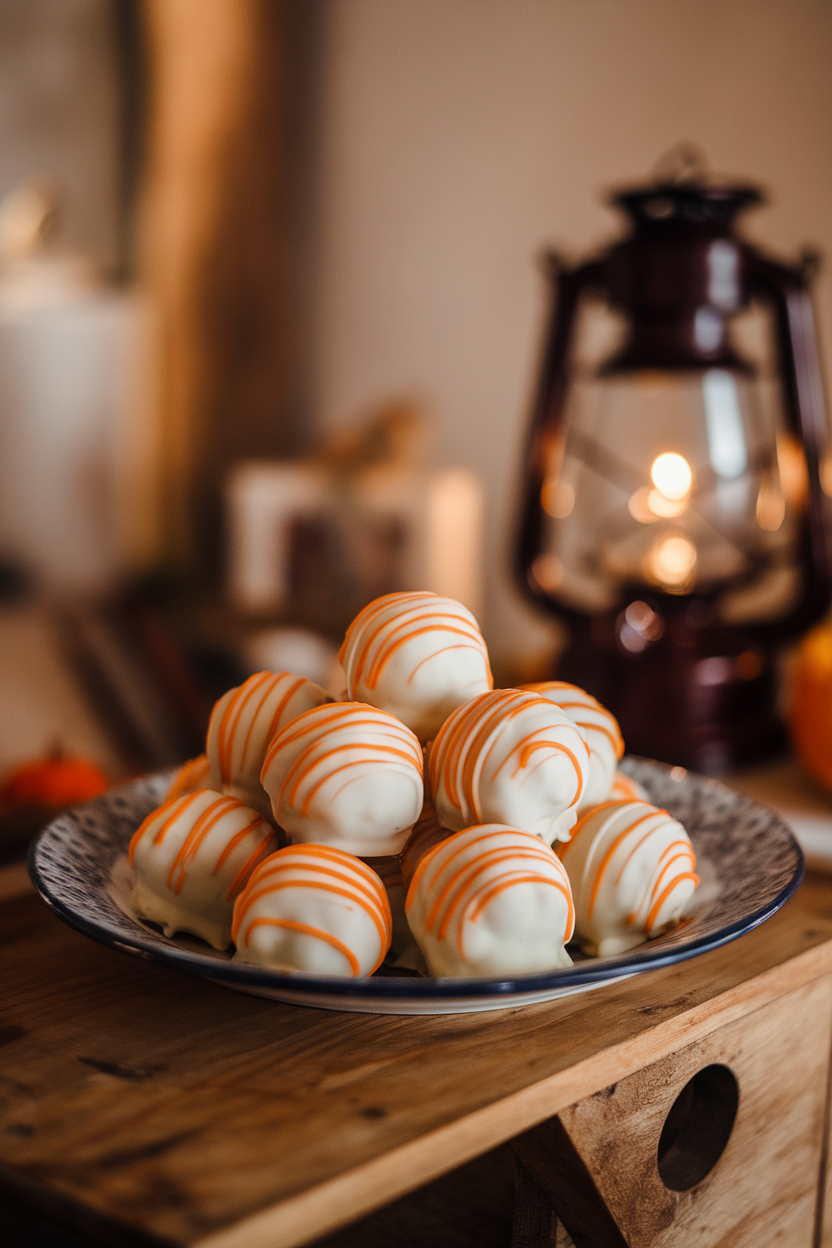 Pumpkin spice cake balls coated in white chocolate and orange drizzle on a plate indoors, no text or logos.</Prompt