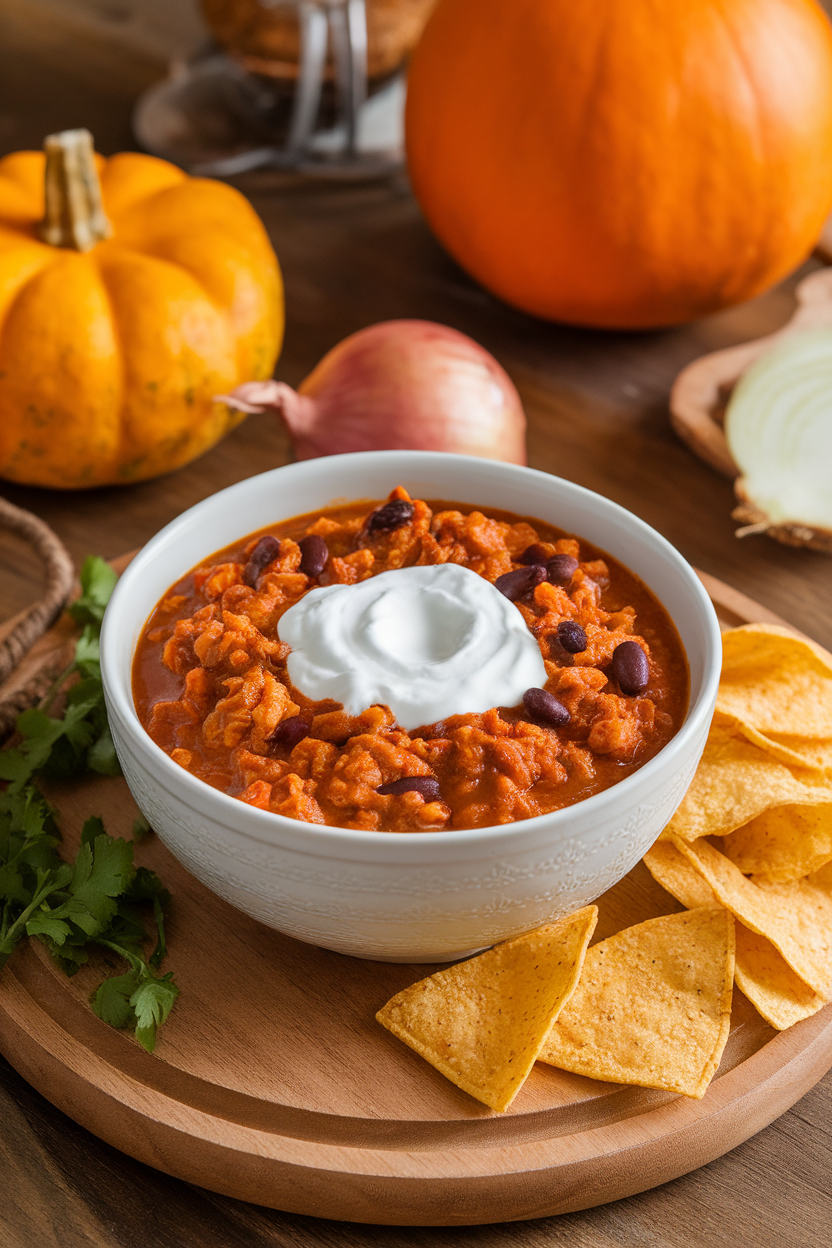 Indoor bowl of rich pumpkin chili with ground turkey, black beans, and a swirl of Greek yogurt on top. No text or logos.