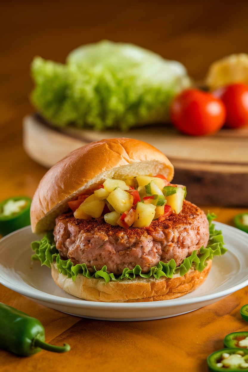 Photo of a turkey burger seasoned with jerk spices, topped with pineapple salsa on a small bun, indoor scene; no text or logos; photo, not illustration