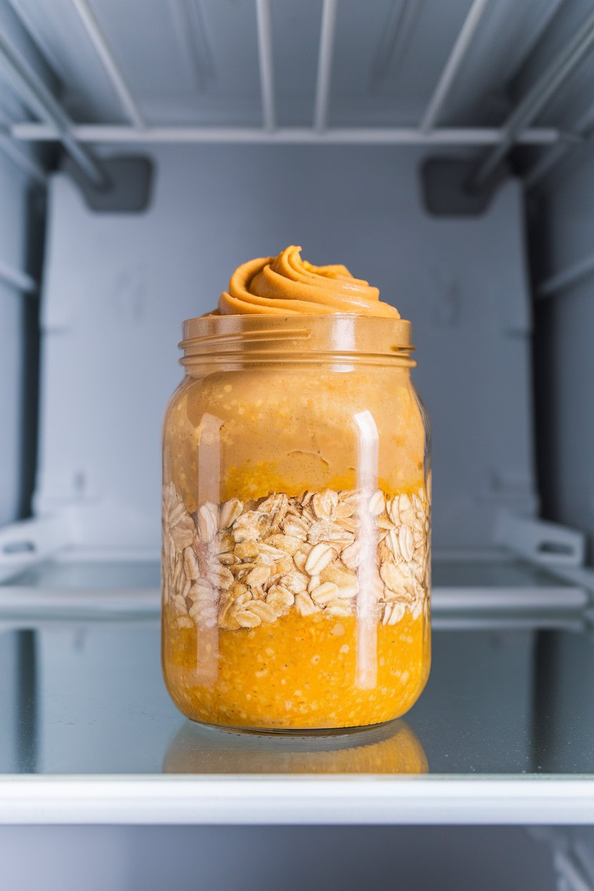 Indoor fridge close-up of a jar layered with orange pumpkin oats and a swirl of peanut butter on top. No text or logos. Photo.