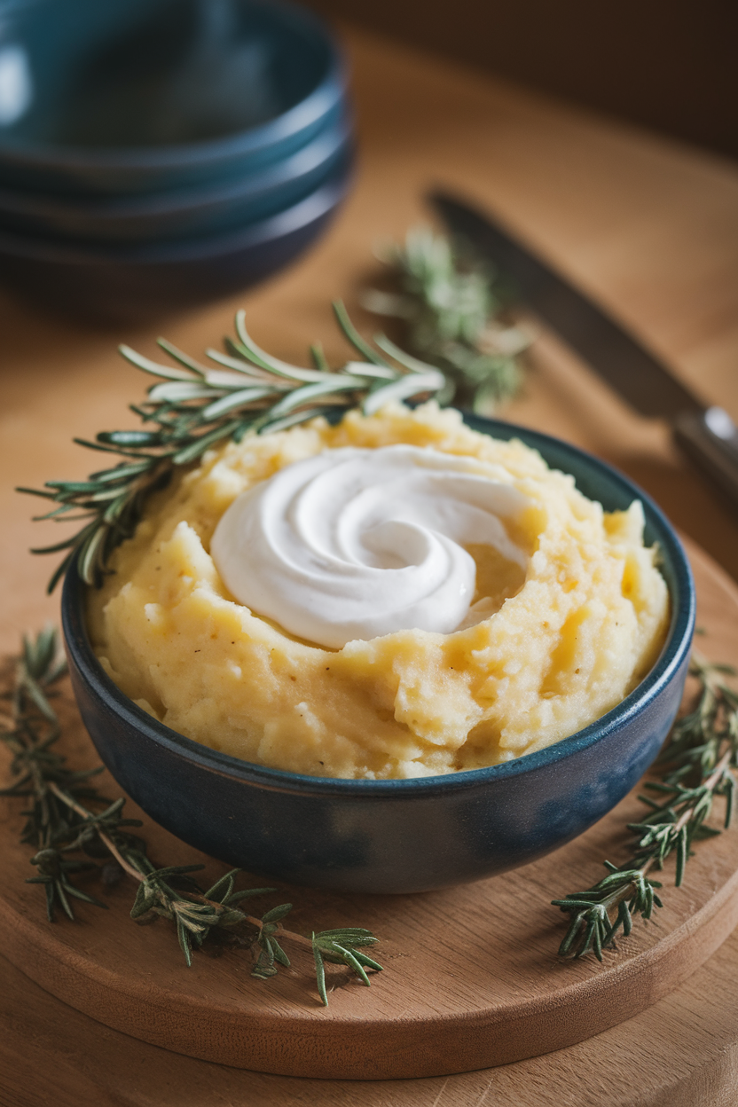A serving bowl of fluffy mashed potatoes with a swirl of yogurt visible on top, indoors. No text or logos.