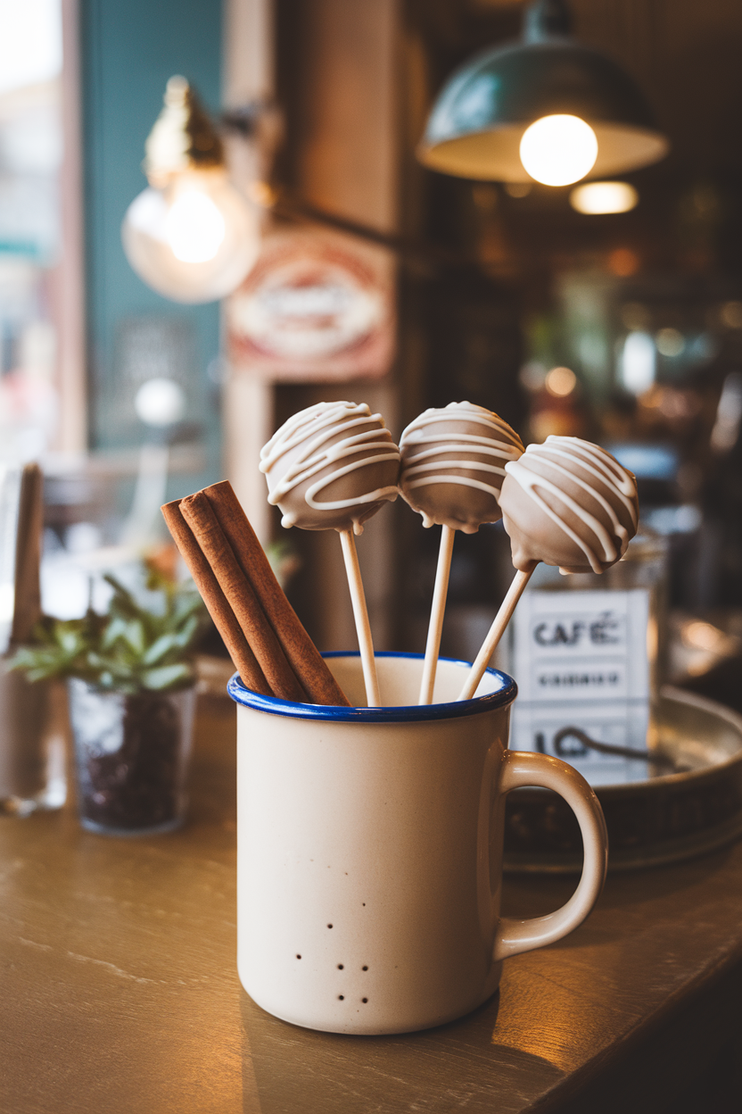 Photo, not illustration. Indoor warm café. Light brown chai-spiced cake pops with white chocolate drizzle resembling latte art, standing in a mug filled with cinnamon sticks. No text or logos.