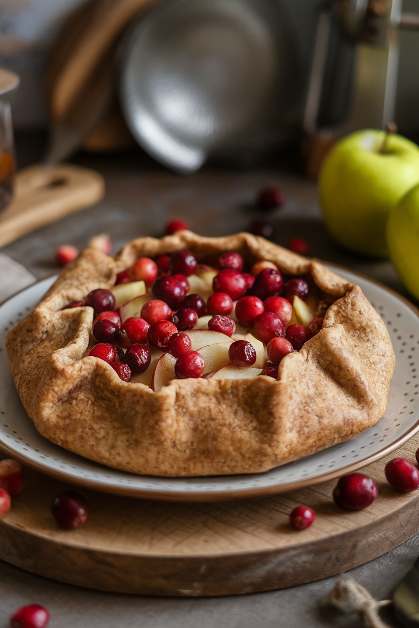 An indoor baking sheet featuring a rustic galette with folded whole-wheat crust and cranberry-apple filling visible—no text or logos; photo, not illustration