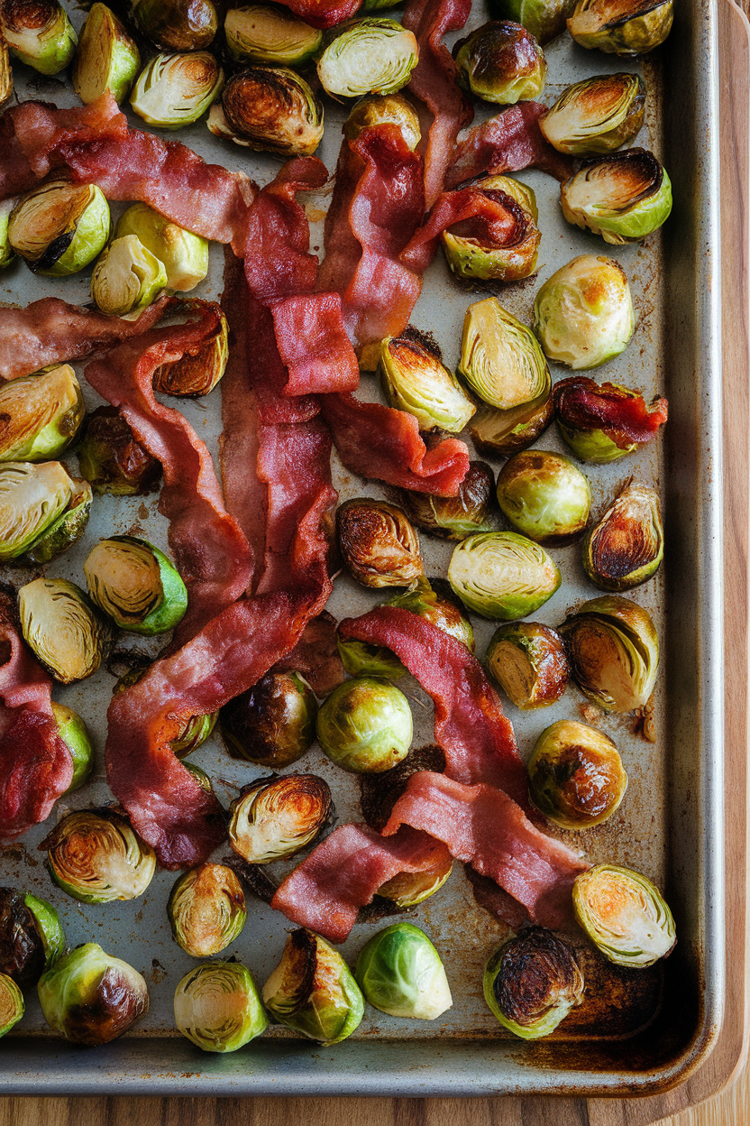 Indoor baking sheet full of caramelized Brussels sprouts mixed with crispy turkey bacon pieces. No text or logos. Photo, not illustration.