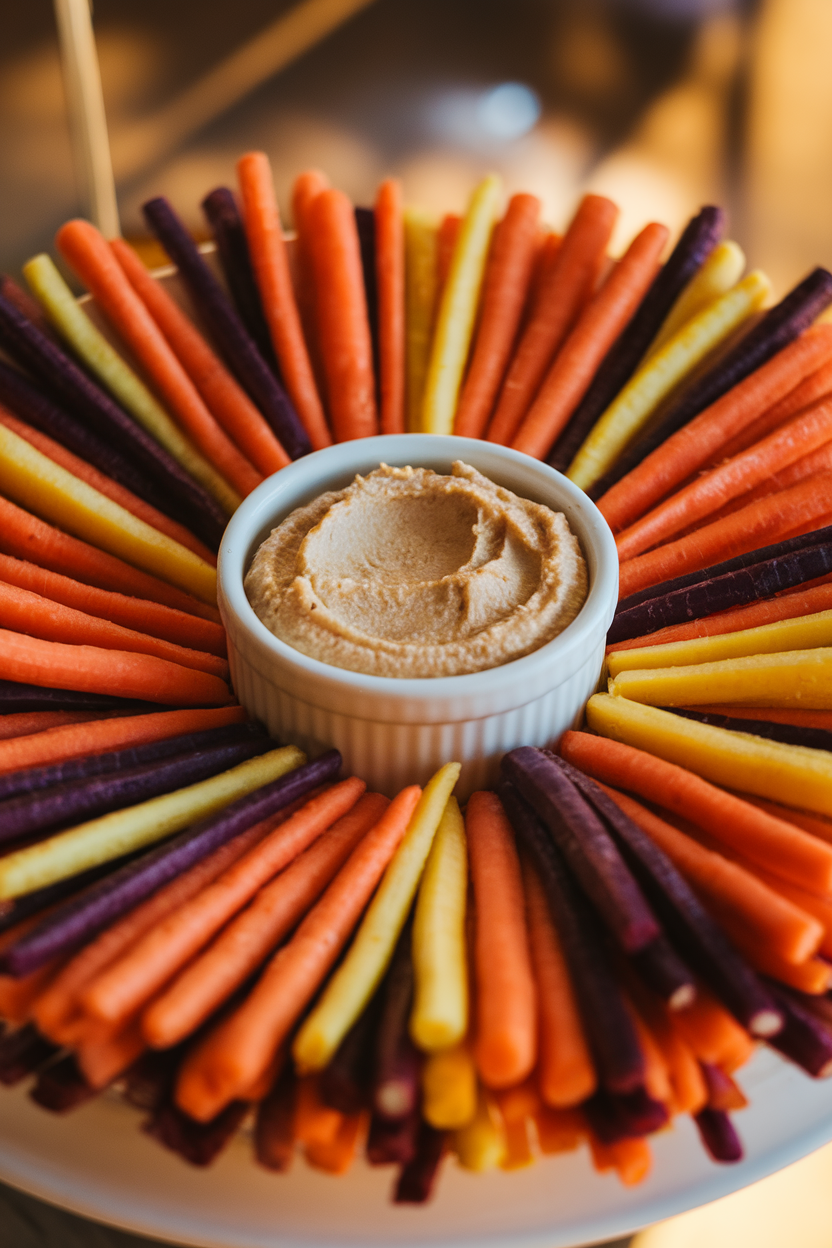 Indoor close-up of tri-colored carrot sticks—orange, yellow, and purple—fanned out in neat rows on a white platter, small ramekin of hummus in the center. Warm lighting, no text or logos.