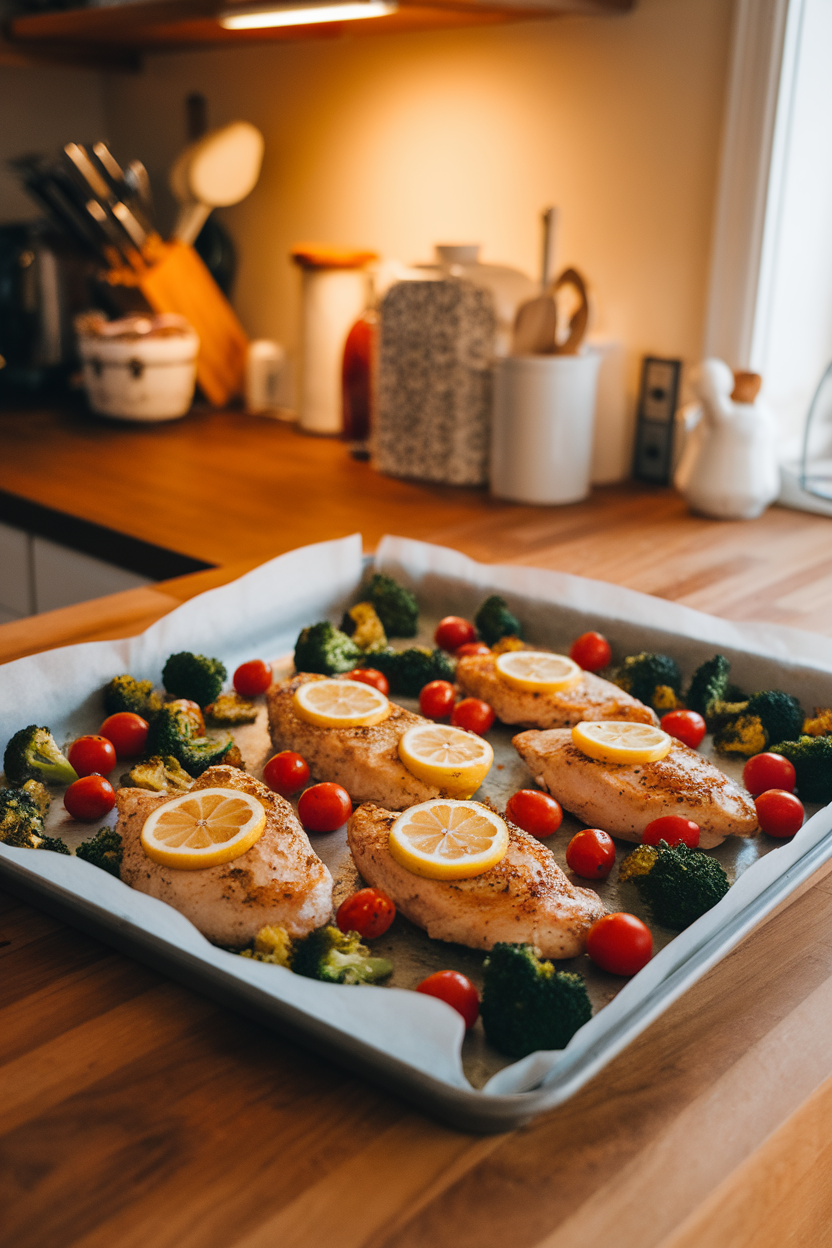 Indoor kitchen counter, warmly lit, showing a parchment-lined sheet pan with cooked chicken breasts garnished with lemon slices, roasted broccoli and cherry tomatoes alongside, no text or logos, photo style