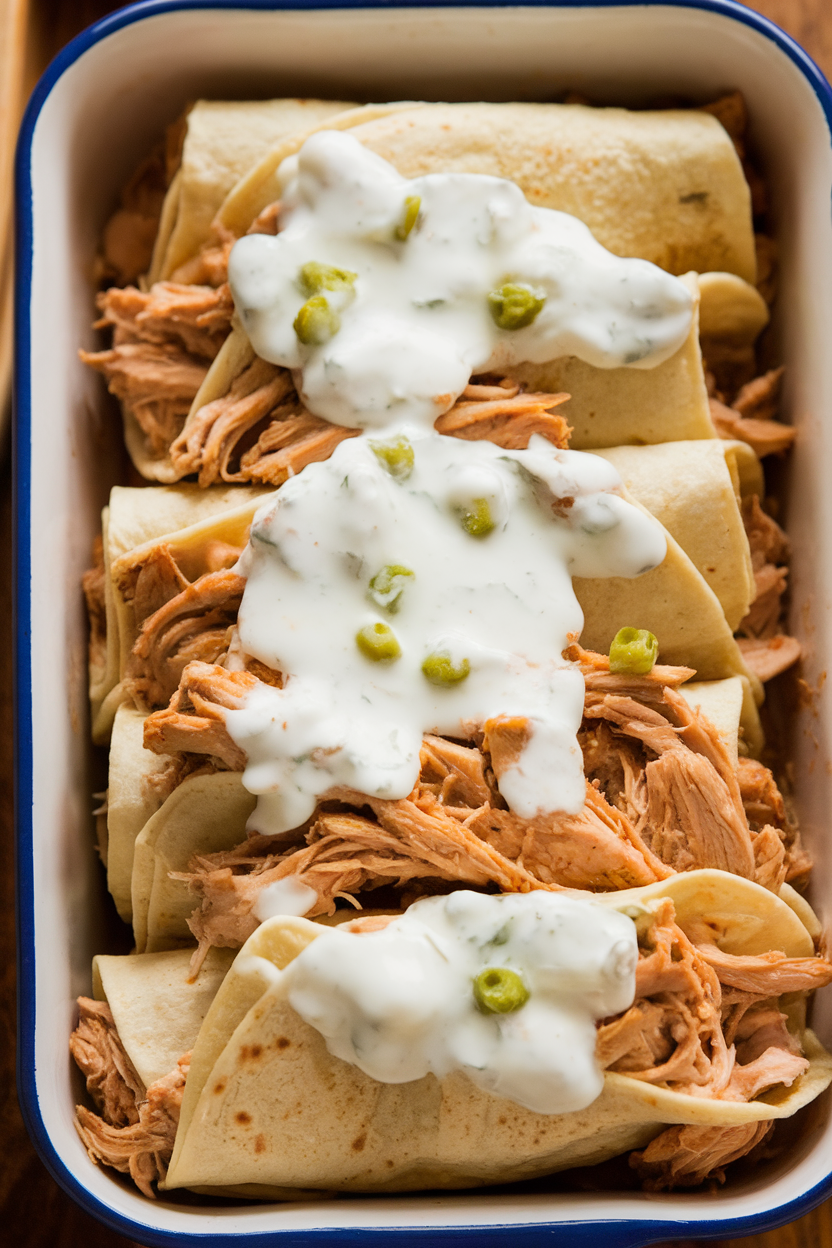 A casserole shot indoors of pulled chicken wrapped in flour tortillas, topped with creamy white yogurt sauce dotted with green chiles, no logos.