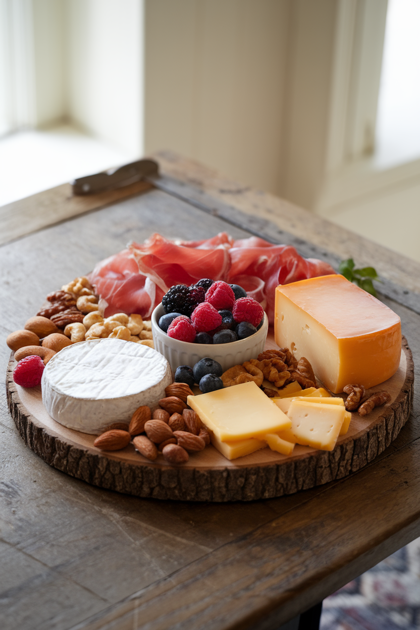 Photo of assorted cheeses, cured meats, nuts, and fruit on a wooden board indoors, no text or logos.
