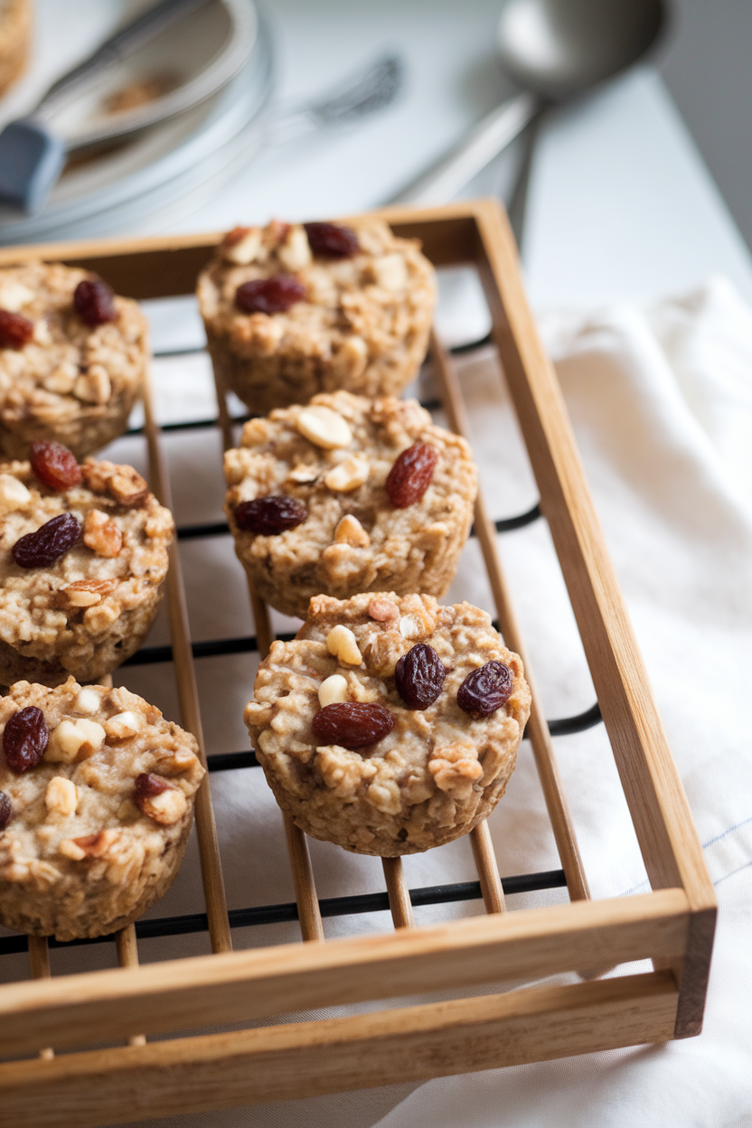 An indoor cooling rack with individual baked oatmeal cups dotted with raisins and nuts, soft morning light, no text or logos.