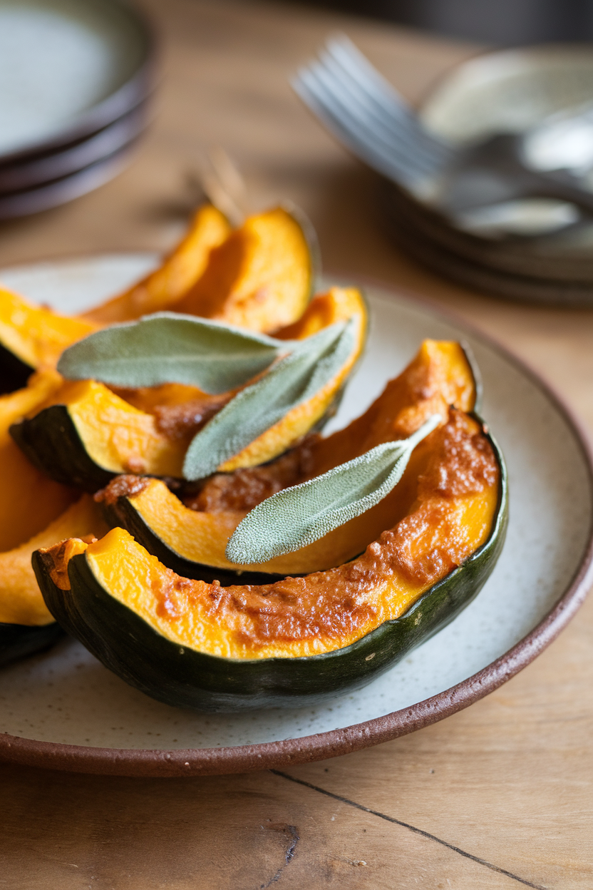 A ceramic plate inside showing roasted acorn squash wedges brushed with brown butter and sage leaves. No text or logos. Photo.