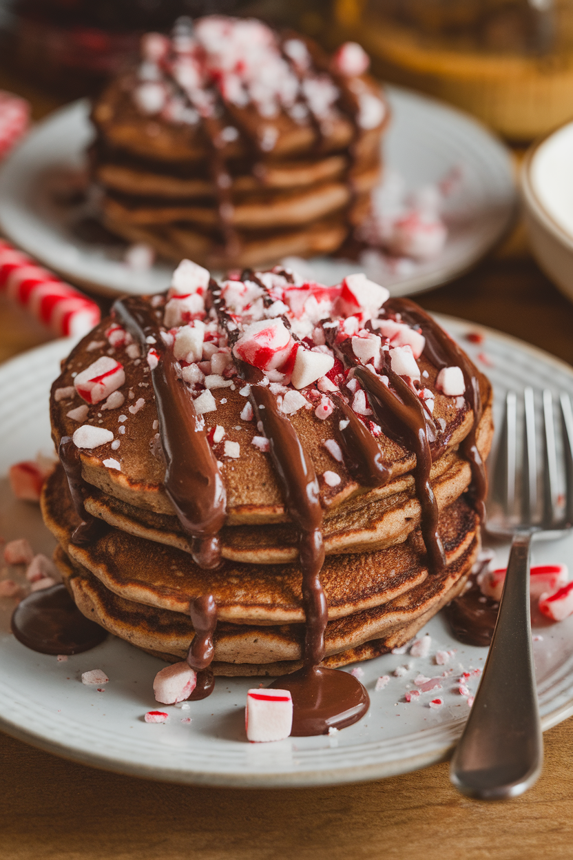 Indoor photo of chocolate-studded pancakes topped with crushed peppermint candy and a drizzle of chocolate sauce; warm lighting; no text or logos.