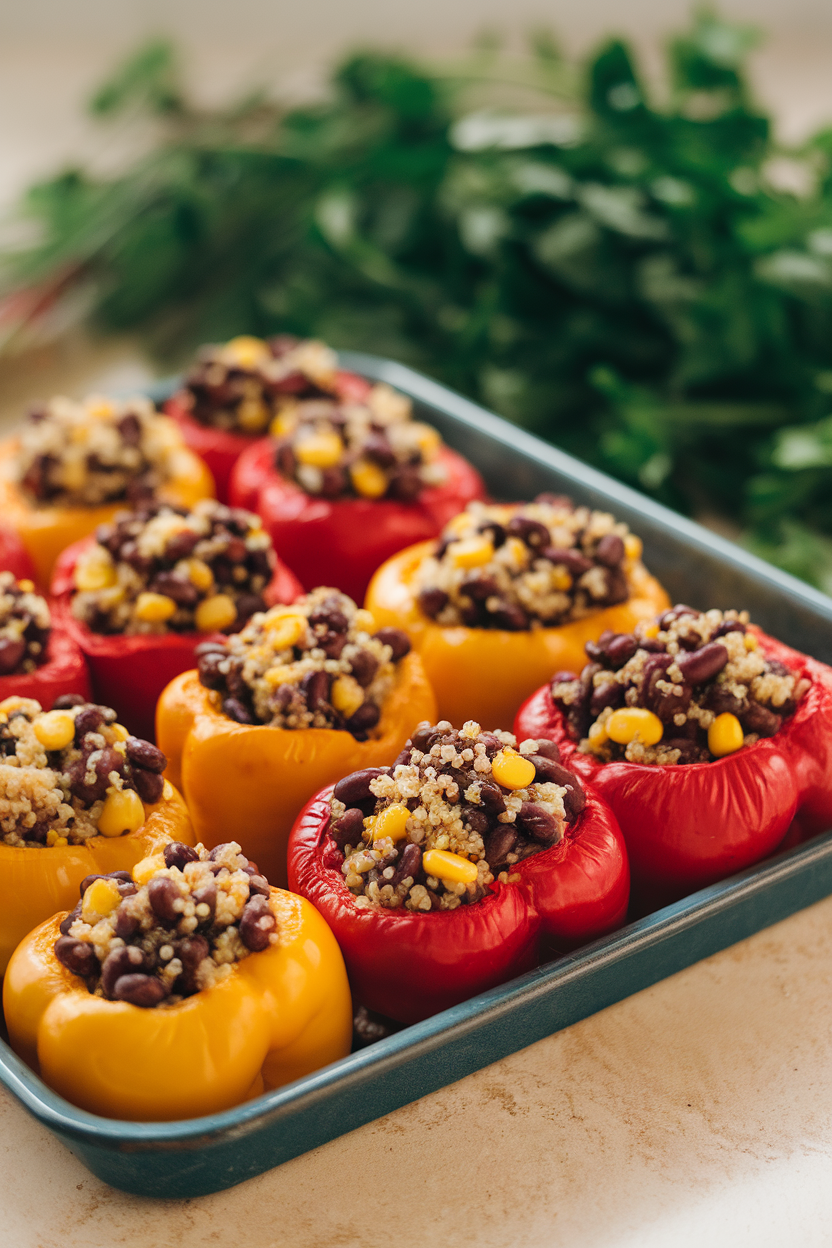 Photo of roasted bell peppers filled with quinoa, black beans, and corn on a tray indoors, no text or logos.