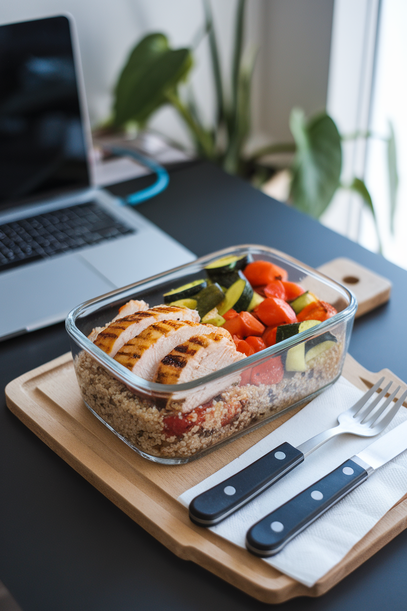 An indoor office desk with a glass meal-prep container of quinoa, roasted veggies, and grilled chicken, no logos.