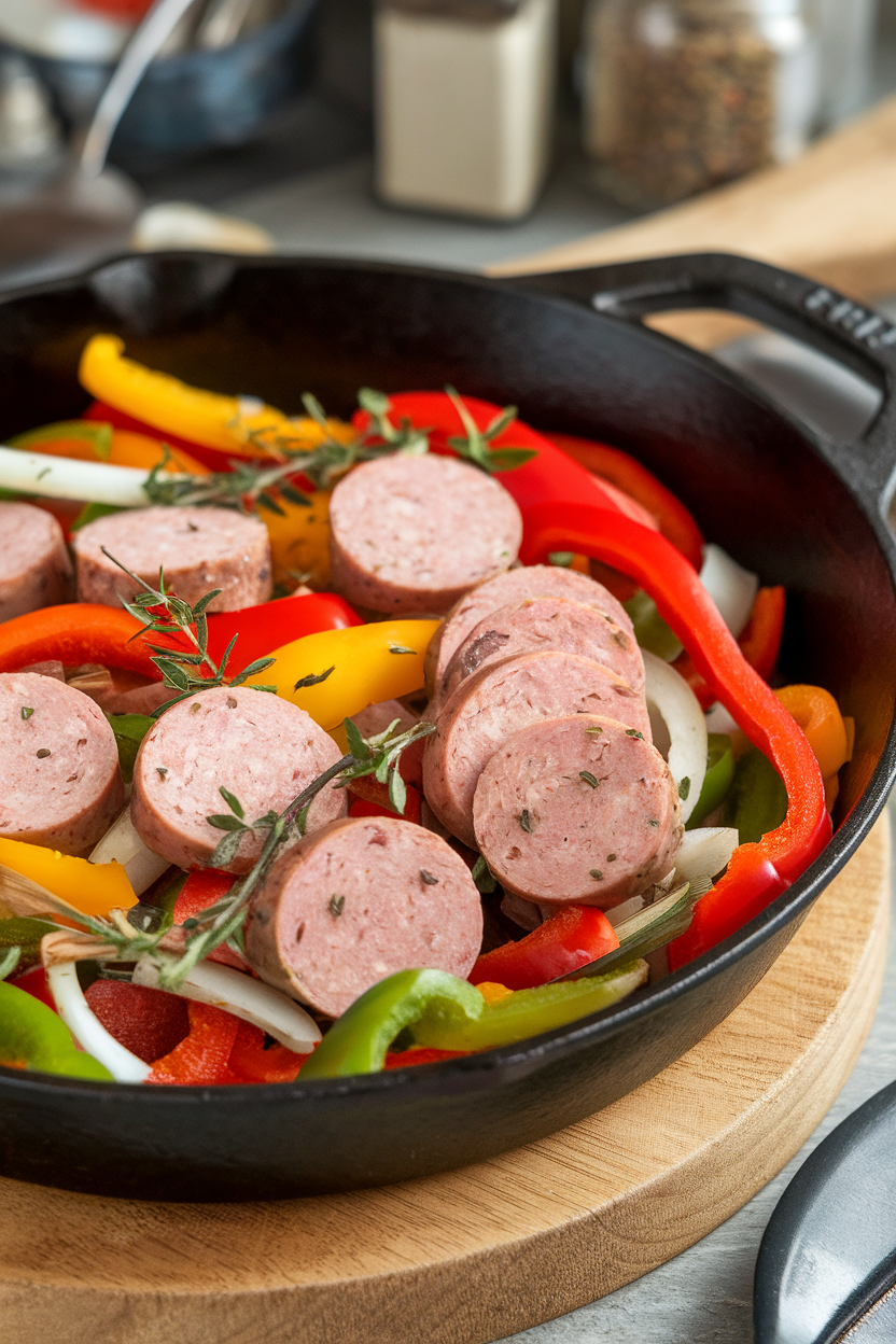 Indoor cast-iron skillet with sliced turkey sausage, colorful bell peppers, onions, and herbs. No text or logos. Photo, not illustration.