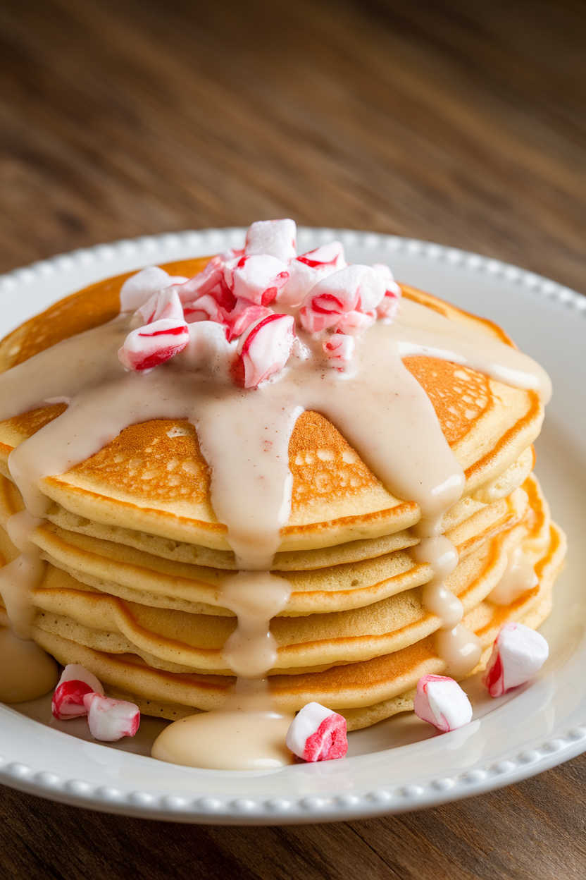 Indoor photo of classic golden pancakes sprinkled with crushed candy cane pieces and a vanilla glaze drizzle; no text or logos.