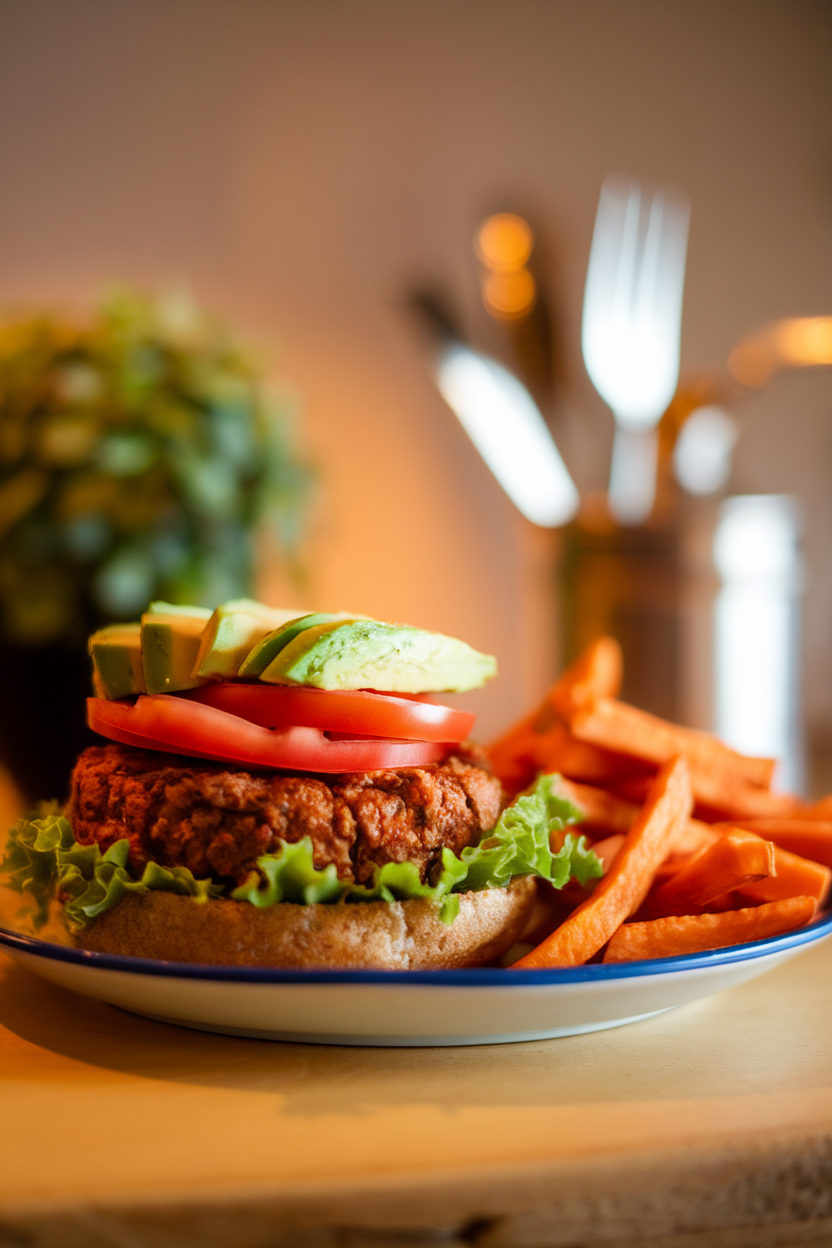 Photo of an indoor plate showcasing a plant-based burger topped with lettuce, tomato, and avocado, sweet potato fries on the side, no logos or text.