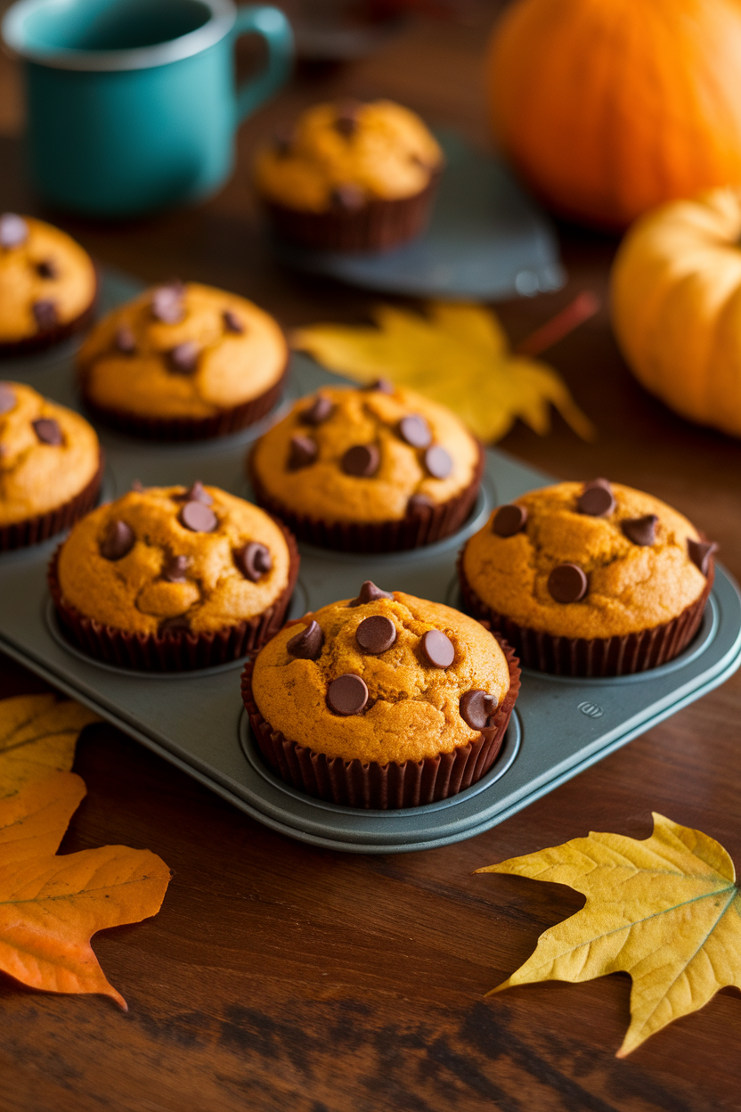 Indoor photo of pumpkin muffins with dark chocolate chips on a wooden table, autumn leaves blurred, no text or logos