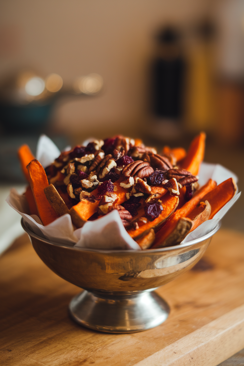 Indoor photo of baked sweet potato fries topped with chopped pecans and dried cranberries in a serving bowl, no text or logos
