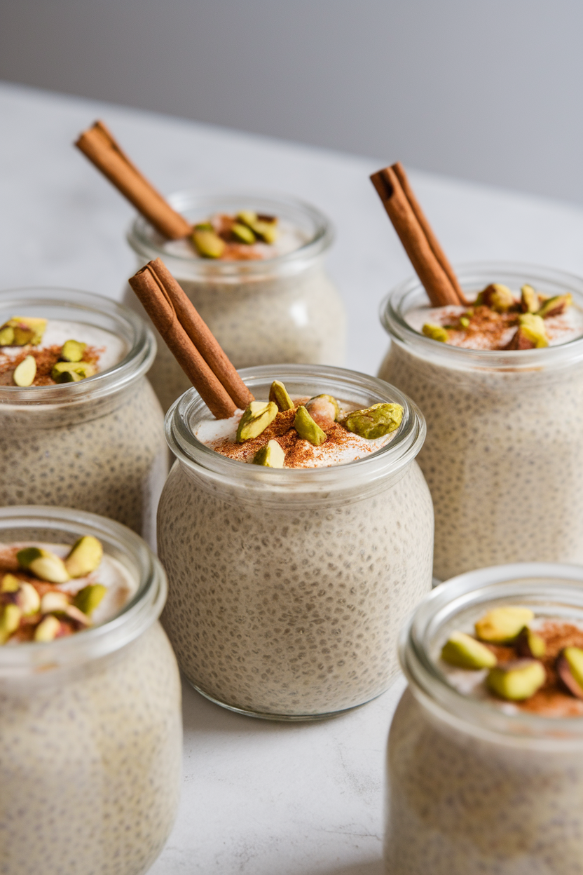 Small indoor glass jars of chai-spiced chia pudding topped with chopped pistachios and a cinnamon stick garnish. No text or logos. Photo, not illustration.