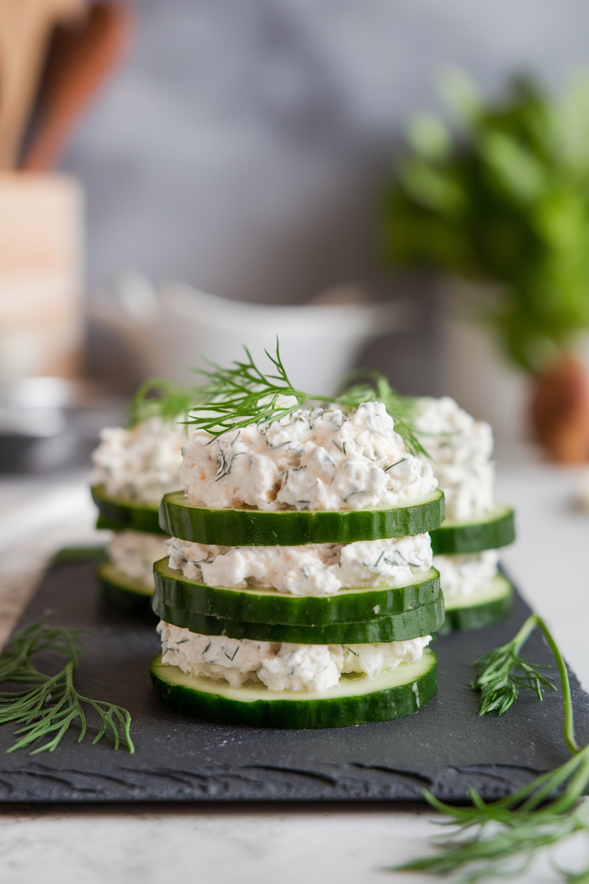 Indoor photo of stacked cucumber rounds layered with spoonfuls of herbed cottage cheese, topped with dill sprigs, on a slate board. No logos or text.