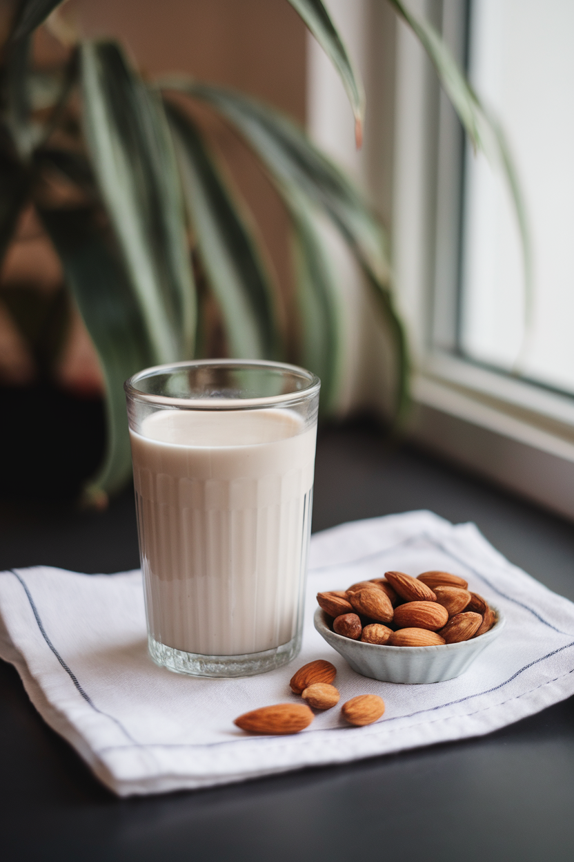 A glass of unsweetened almond milk beside a small dish of almonds on a breakfast counter indoors; no text or logos; photo