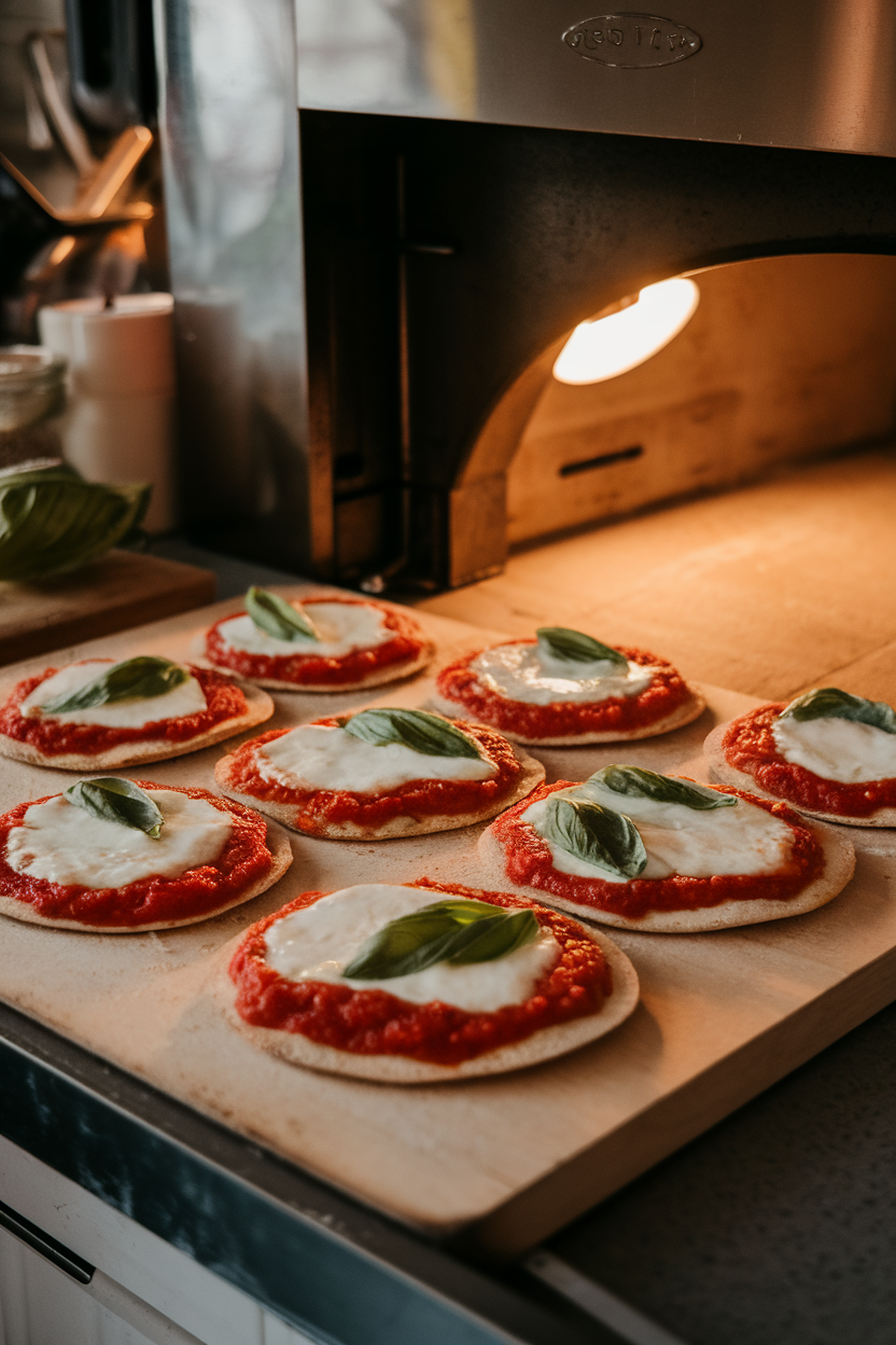 Indoor countertop scene with several small whole-wheat pizza rounds topped with tomato sauce, melted mozzarella, and basil leaves. Warm oven light; no logos or text.