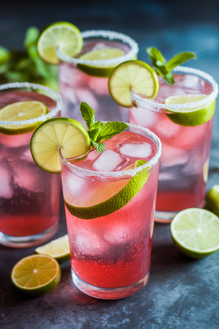Indoor photo of tall glasses of pink raspberry lime soda over ice, lime wheels on rims, mint leaves floating. No text or logos.