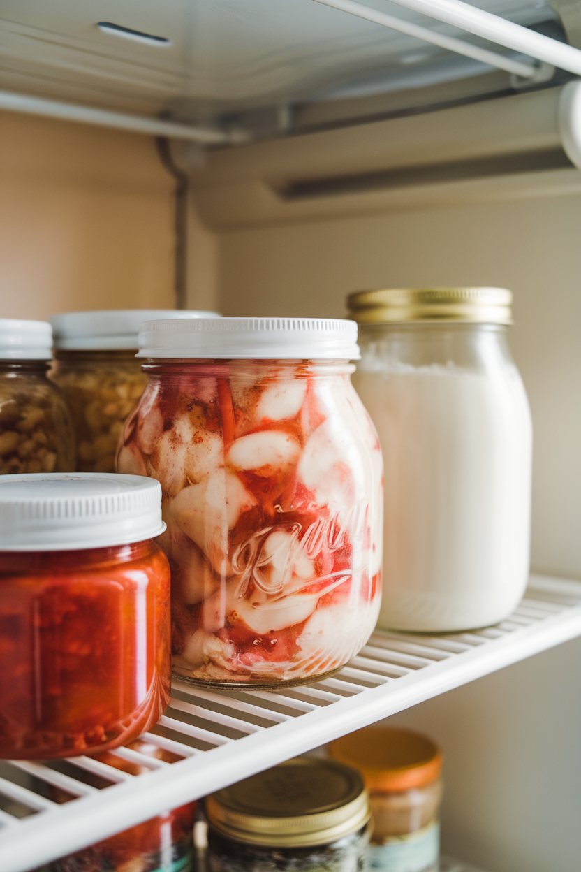 Indoor refrigerator shelf with small jars of kimchi, sauerkraut, and plain yogurt, all unlabeled. No text or logos. Photo, not illustration.