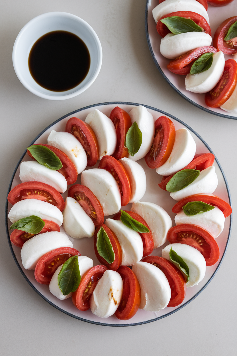 Overhead indoor image of mozzarella slices and tomato rounds arranged in a candy cane pattern, basil leaves tucked in, with a side bowl of balsamic glaze; no logos