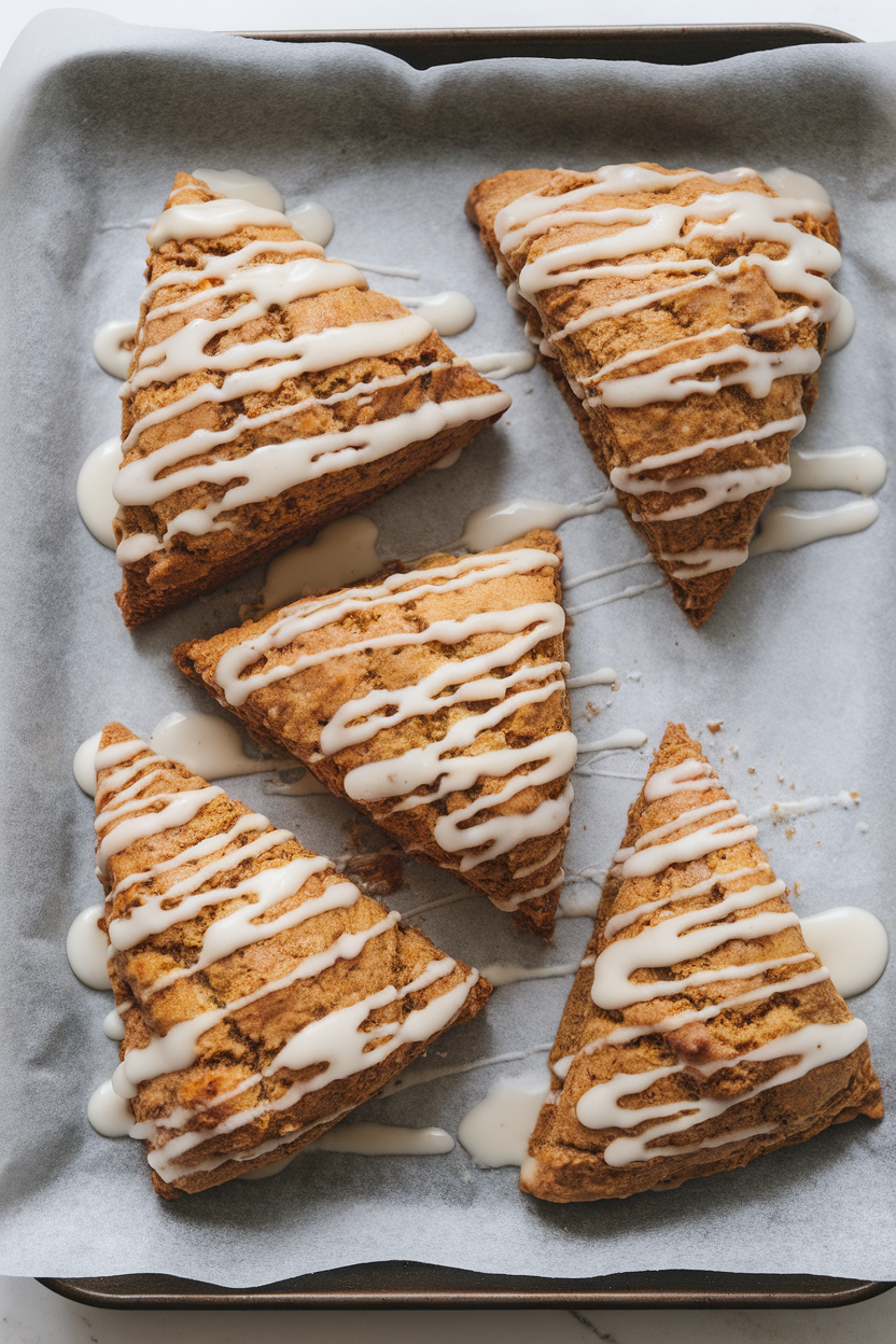 Triangular scones on a parchment-lined tray indoors, drizzled with simple glaze, gingerbread spices visible in crumb. No logos or text.