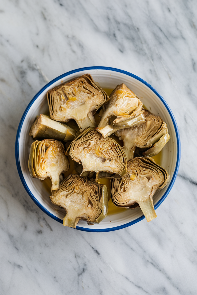 An indoor dish of quartered artichoke hearts glistening with a light drizzle of olive oil, positioned on a marble surface; no text or logos, photo.