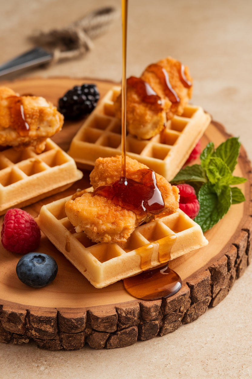 Indoor serving board with bite-size waffles topped by crispy chicken nuggets and a drizzle of maple syrup; no text or logos