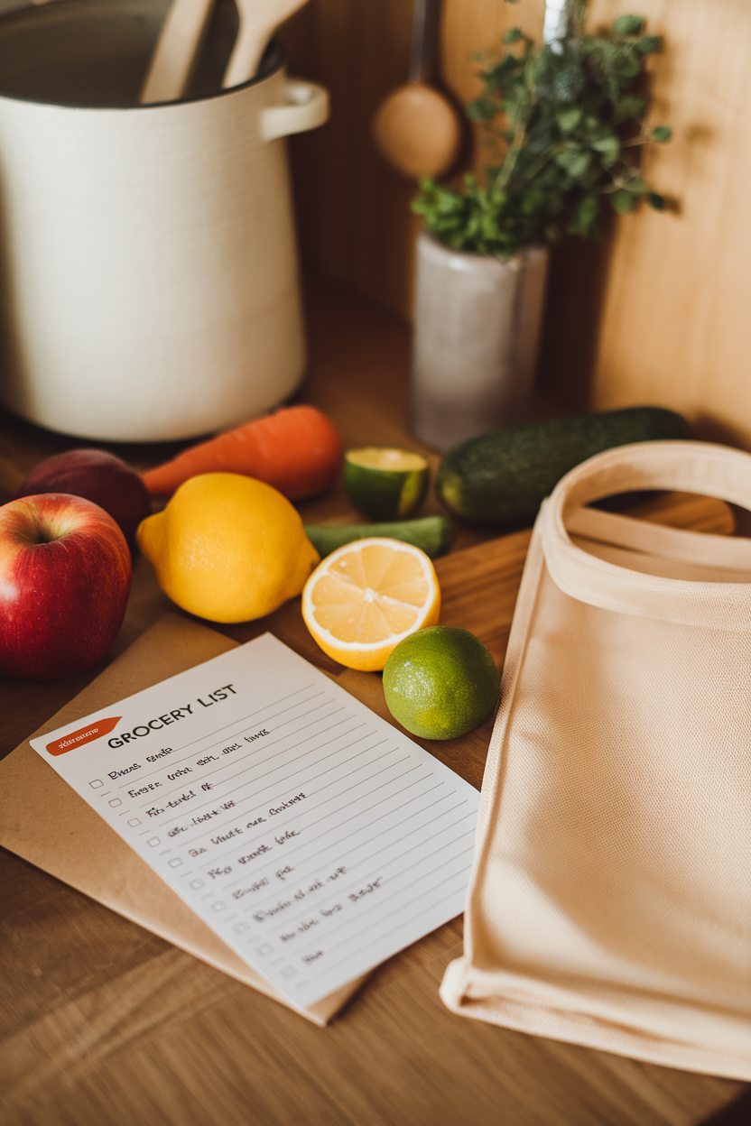 Photo of a handwritten grocery list on a kitchen counter next to fresh produce and a reusable bag indoors. No text or logos.