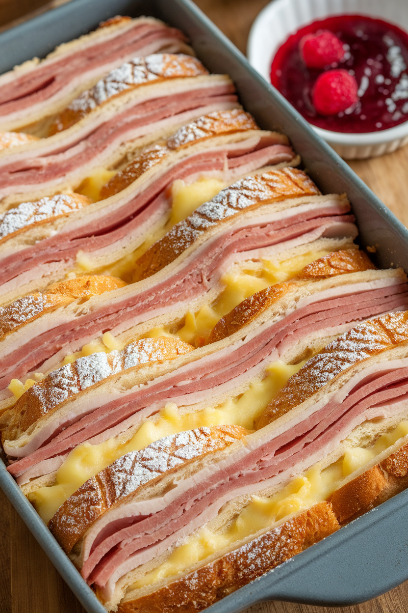 A rectangular casserole indoors layered with bread, ham, turkey, Swiss, and custard, baked golden and dusted with powdered sugar, raspberry jam on the side, no text or logos.