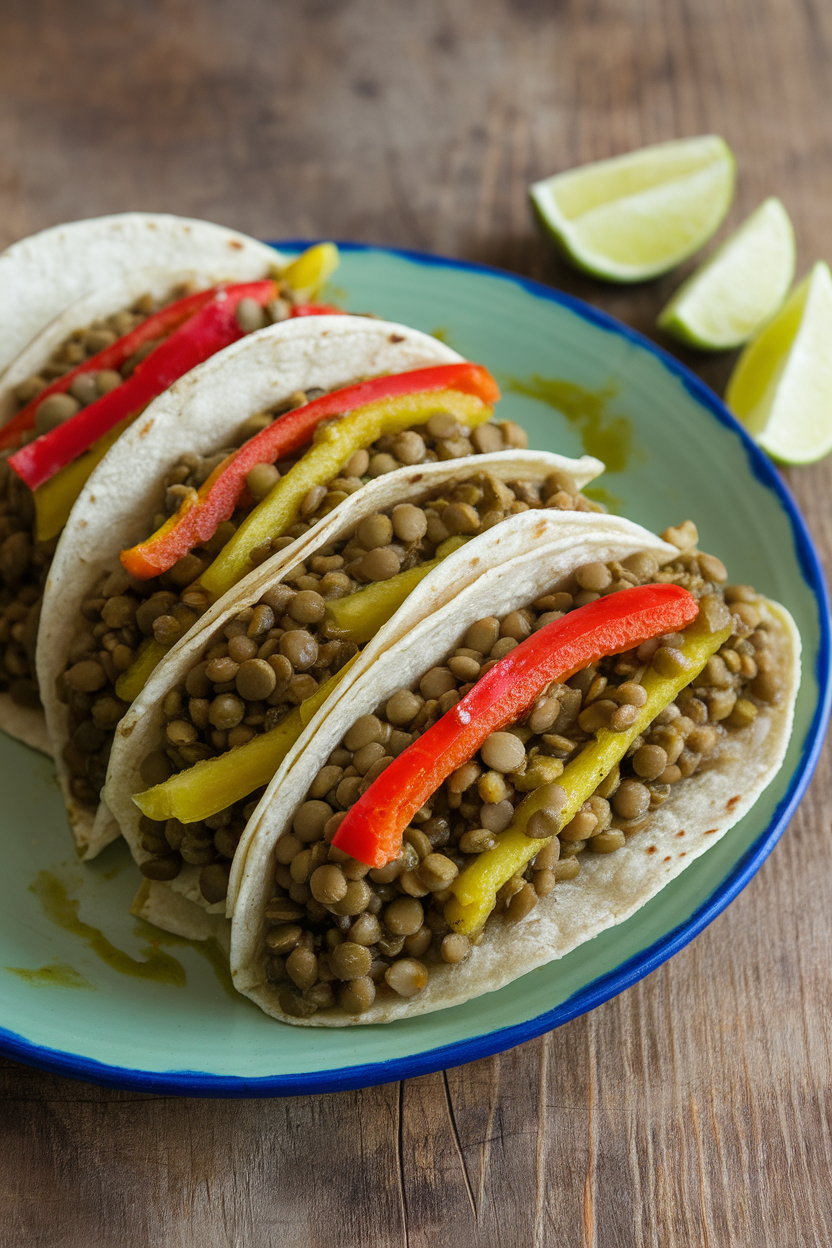 Indoor shot of tortillas filled with green lentils and red/yellow pepper strips, coated in salsa verde, no text or logos.