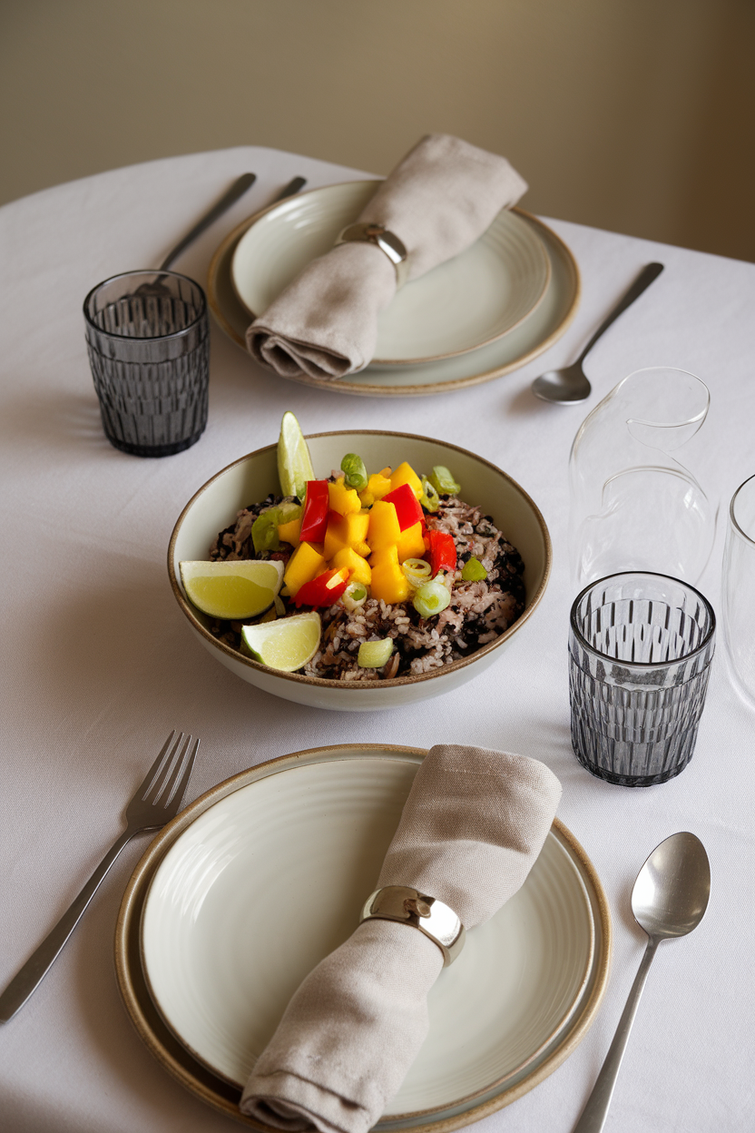 Indoor dining table set with a bowl of black rice mixed with diced mango, red bell pepper, scallions, and fresh lime wedges. No logos or text present. Photo only.
