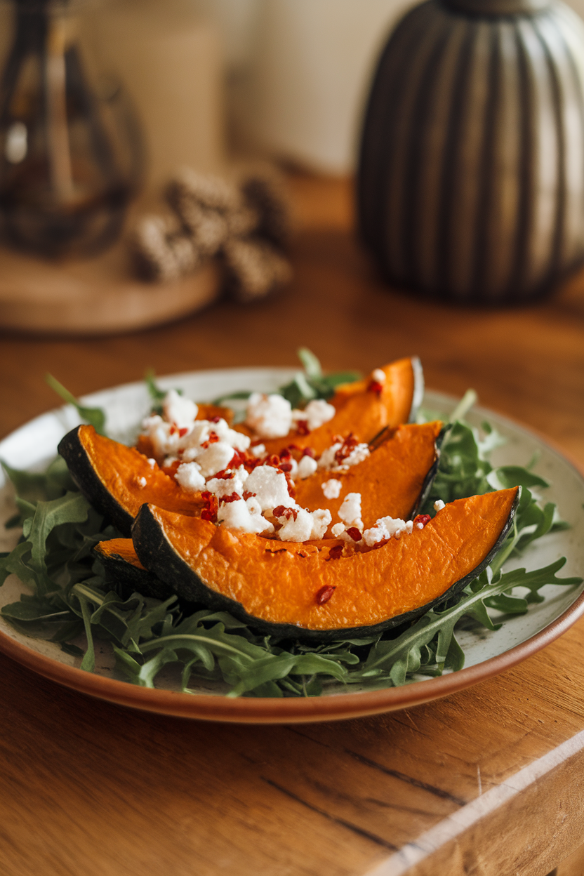 Photo of an indoor table with a plate of roasted pumpkin wedges on a bed of rocket (arugula), sprinkled with chili flakes and feta crumbles. No logos or text visible.