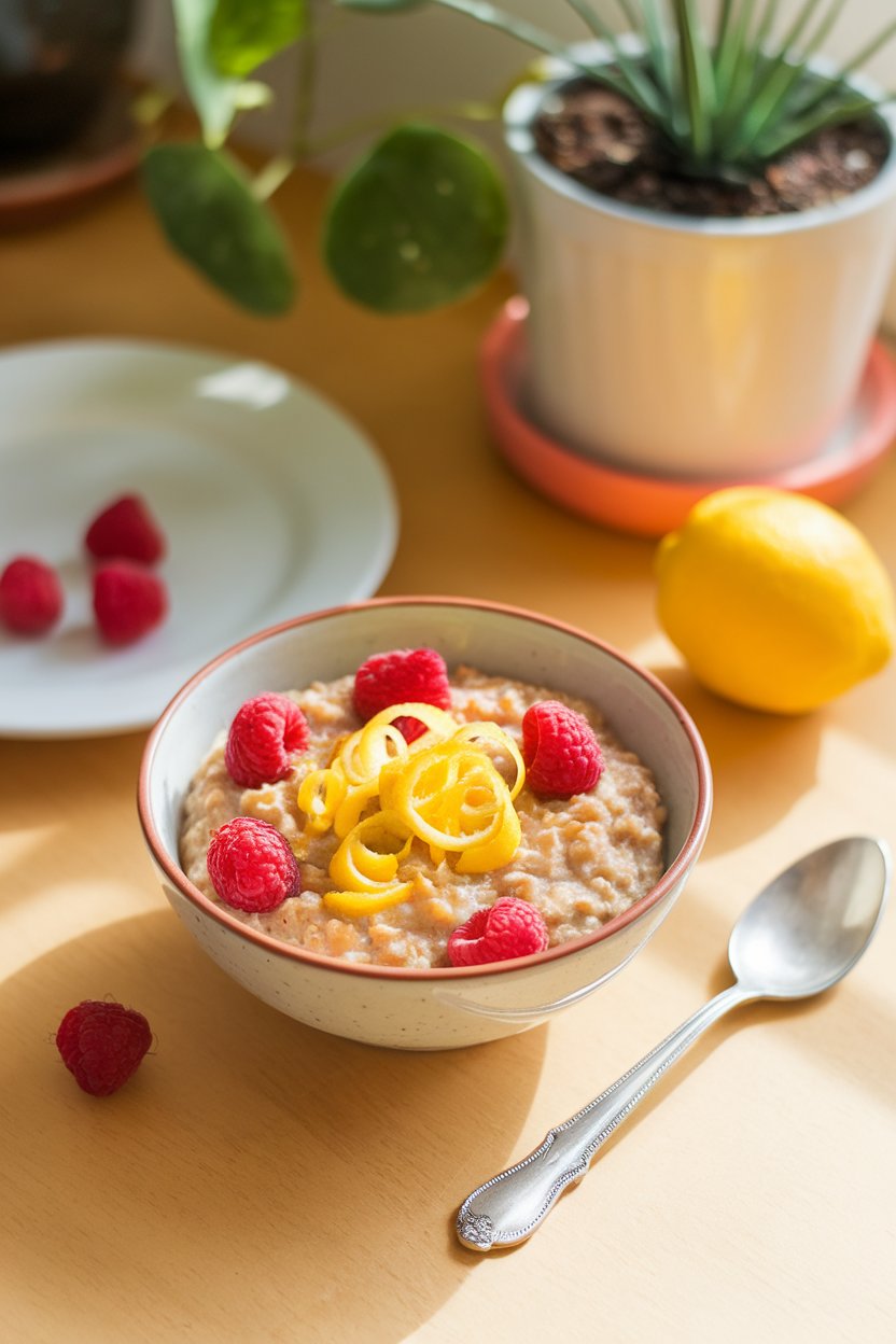 Indoor bright breakfast scene showing a bowl of oatmeal dotted with raspberries and lemon zest curls on top. No text or logos. Photo.