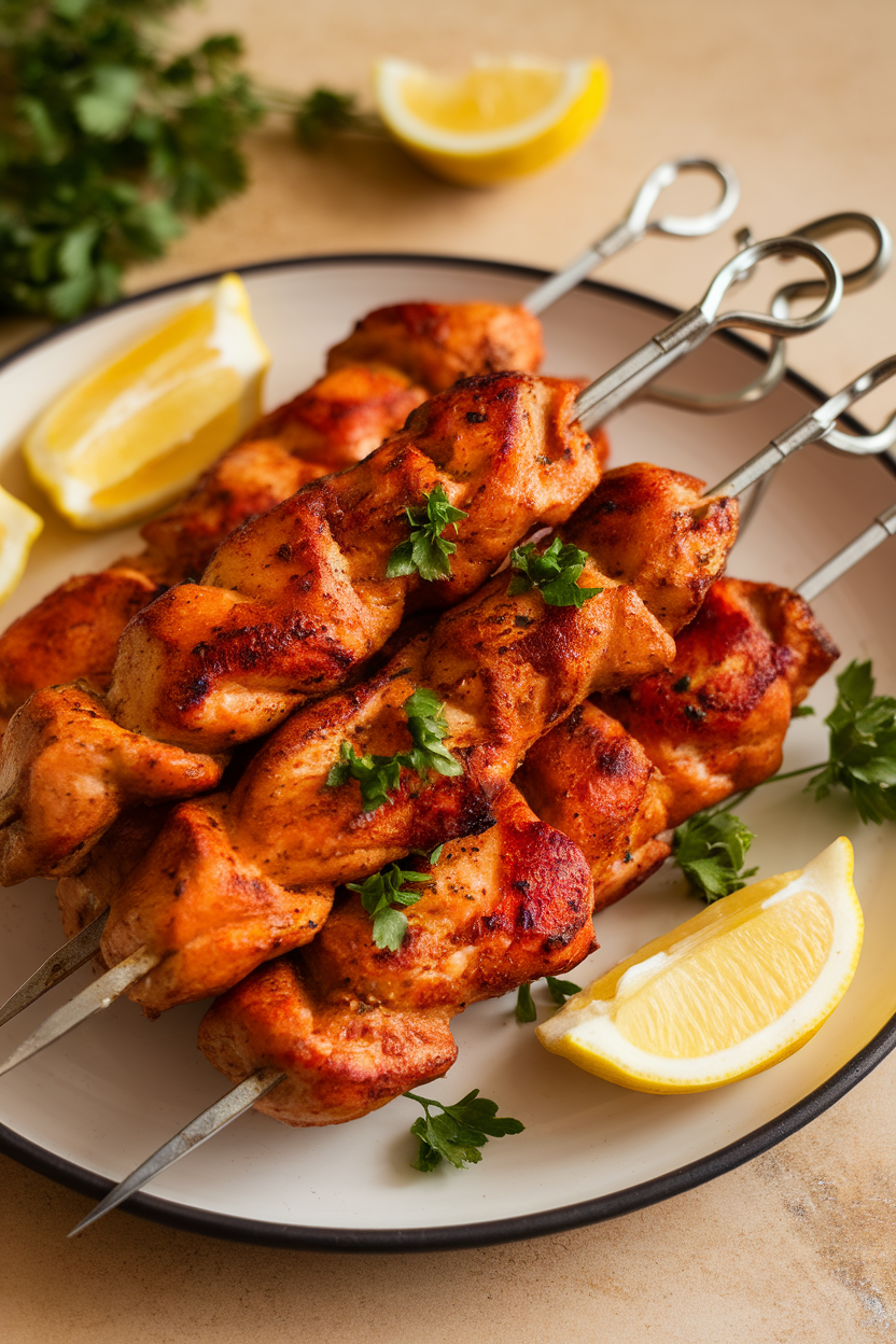 Indoor platter featuring fully cooked chicken skewers with a deep paprika hue, garnished with parsley. Soft, warm lighting; no text or logos.