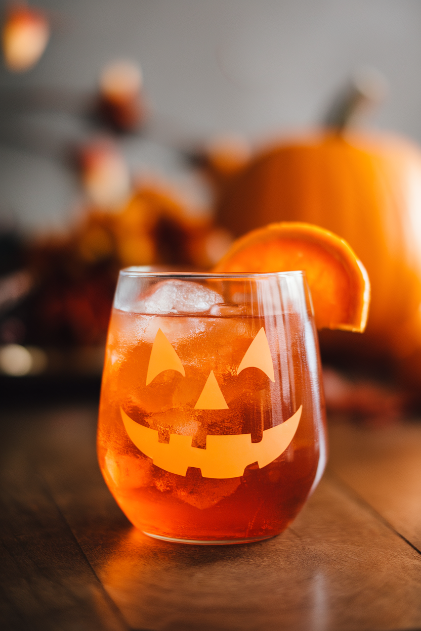 Indoor tabletop with a stemless glass of bright orange soda topped with crushed ice and an orange slice shaped like a pumpkin grin on the rim. Photo, no text or logos.