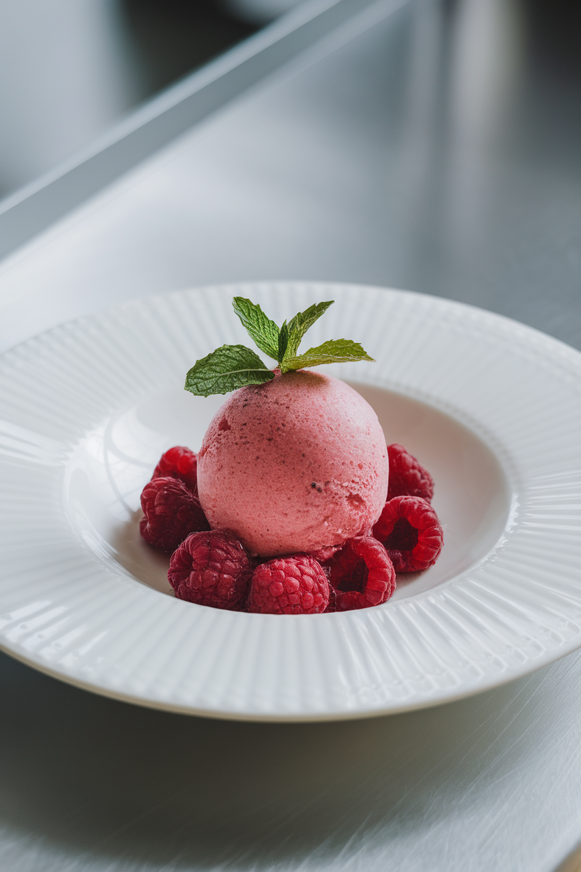 Photo of an indoor dessert plate holding a small scoop of raspberry sorbet garnished with mint, no text or logos.