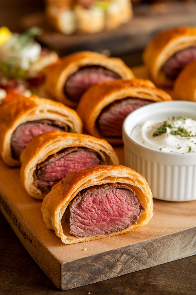 An indoor appetizer spread showing golden-brown puff pastry parcels cut open to reveal medium-rare beef centers, arranged on a wooden board next to a ramekin of horseradish cream. Soft, warm lighting with no branding in view. Photo only.