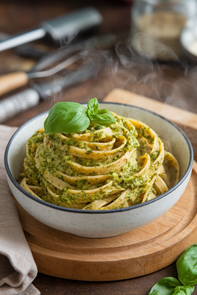 An indoor serving bowl of whole-grain pasta coated in vibrant green broccoli-basil pesto, steam visible, no text or logos, photo not illustration.